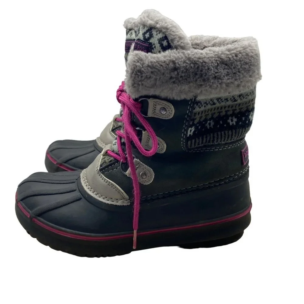 London Fog Big Girl Black Faux Fur Aztec Print Winter Snow Tottenham Boots‎ Sz 2